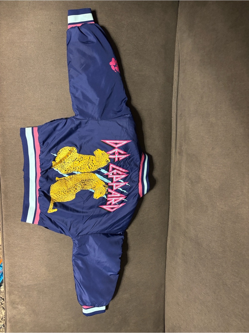 Kids Navy Puffer Jacket with Pink Accents & Yellow Graphic